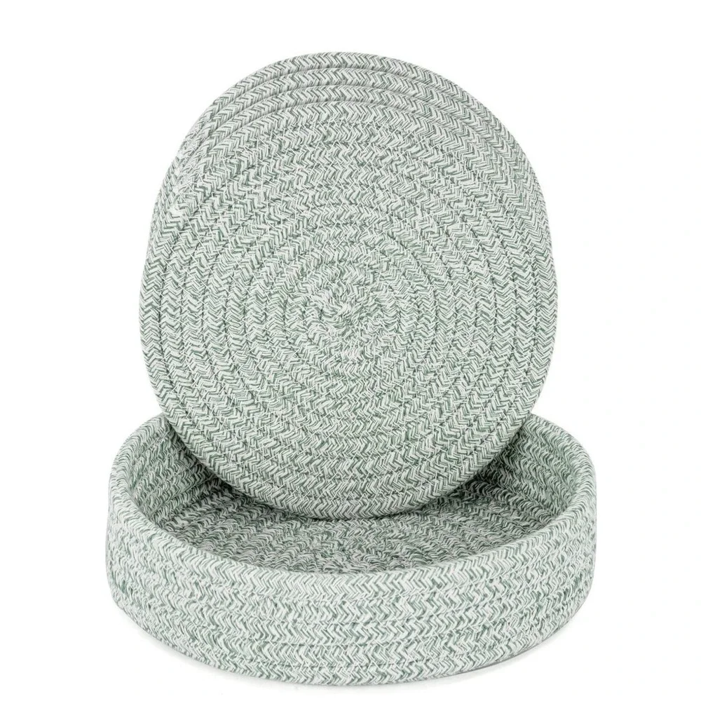 Set of 4 Woven Cotton Trivets & Holder – Green & White – New Farmhouse 7